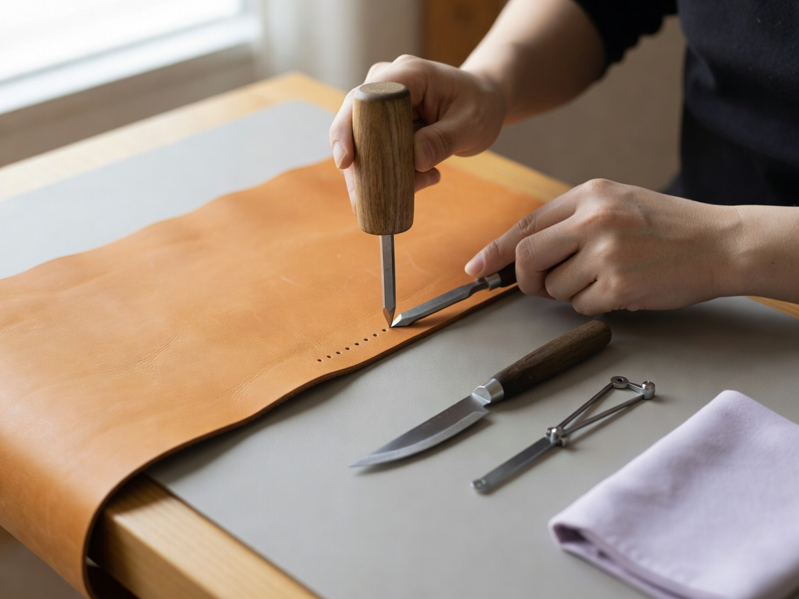 菱目打ちで革に縫い穴を開ける制作中の作業台