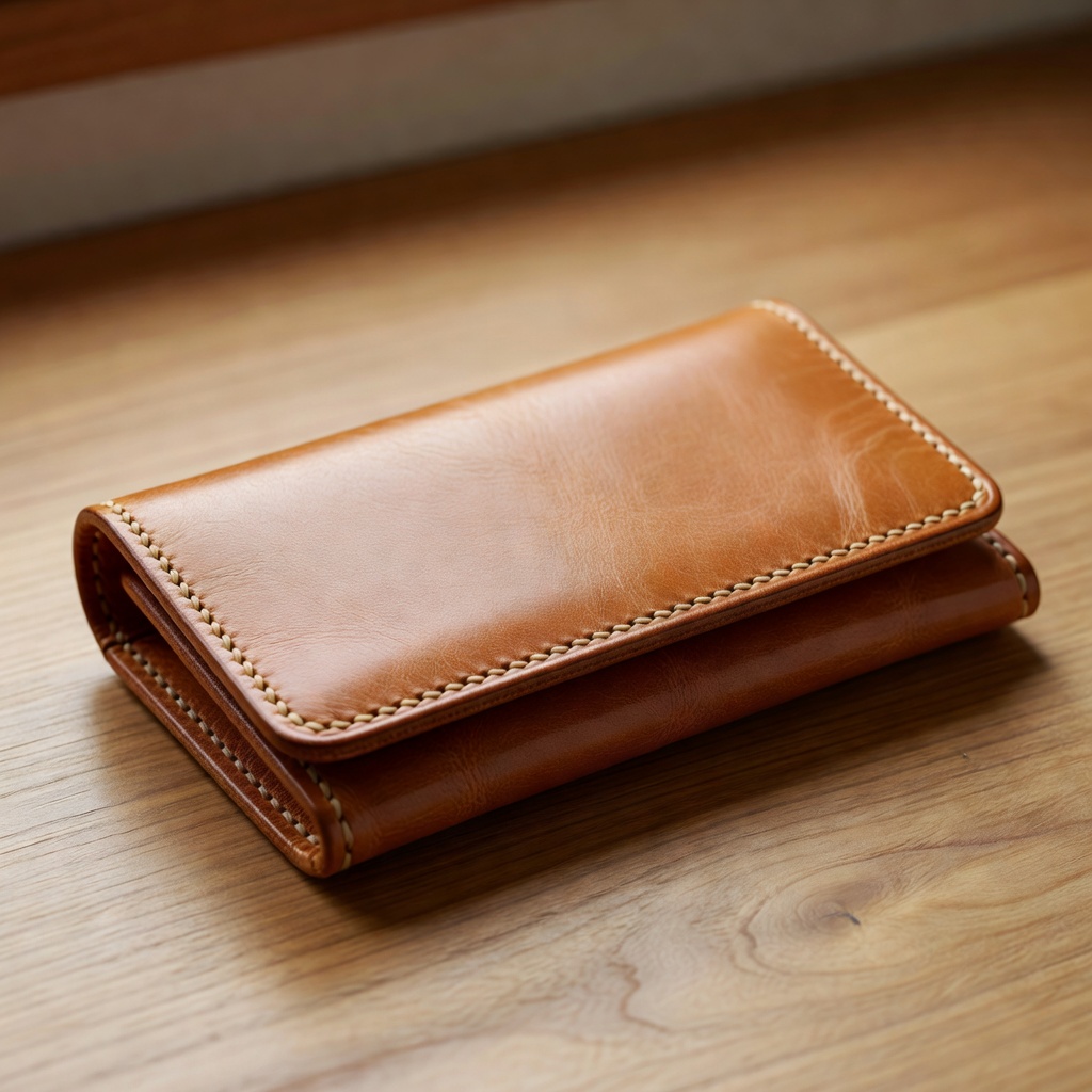栃木レザーの長財布。サドルステッチ手縫い、コバは磨き上げて。