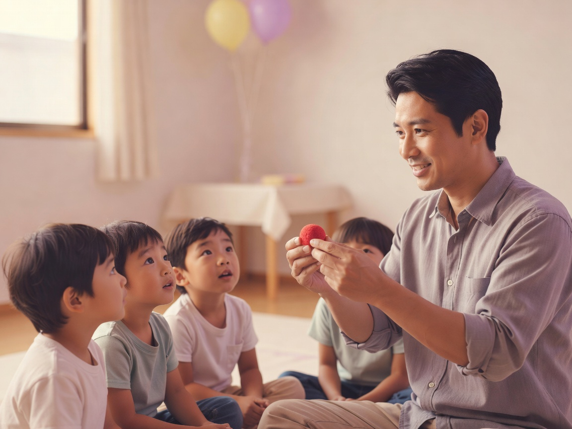 保育園のホールで子どもたちに囲まれるキッズ向けマジックショー
