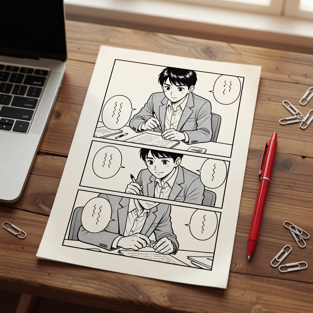 広告・サービス紹介漫画（BtoB SaaS導入マンガ）。仕組みの説明ではなく、担当者の"困っている一日"から描き始める構成に。「うちの商品でこんなに分かりやすくなるとは」と、そのまま営業資料に採用いただきました。