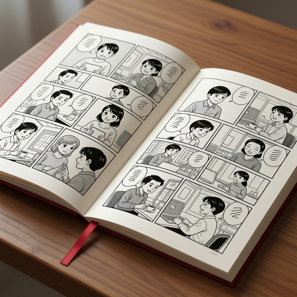 採用漫画（会社案内パンフレット・見開き）。社員インタビューを一本のストーリーに再構成。求人ページに載せたところ「漫画を読んで応募しました」という声が届くようになった、と人事のご担当者から。