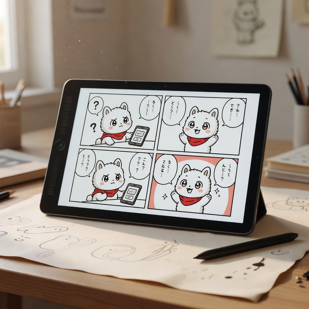 説明・マニュアル漫画（アプリの使い方4コマ）。文字のマニュアルでは離脱していた工程を、キャラクターがつまずいて解決する4コマに。問い合わせが減った、と運営チームから報告をいただきました。