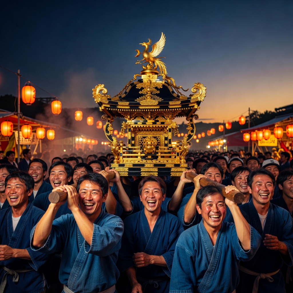 宮神輿の渡御。夕方6時、灯町八幡宮を出発し、町を練り歩いて河川敷へ。「わっしょい」の声が近づくと、夏が本番になります。