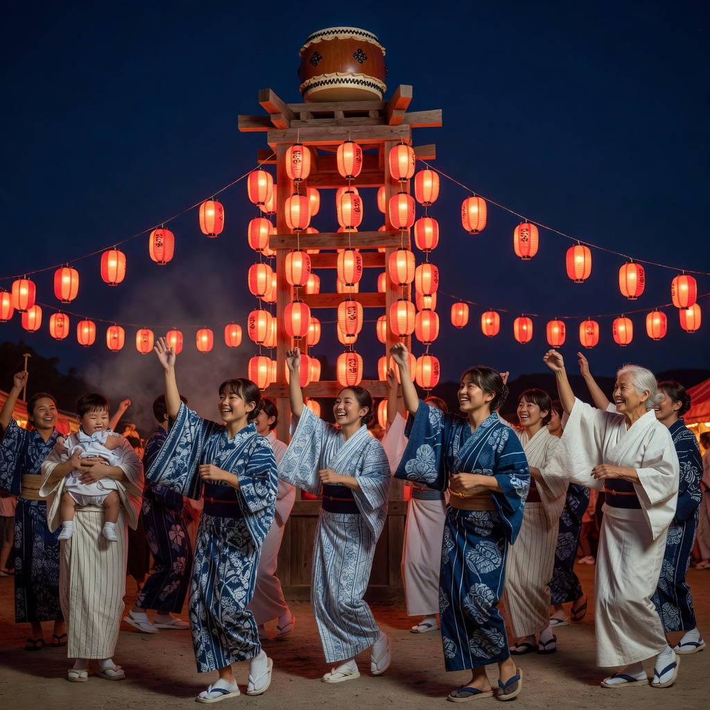 会場中央の大櫓と盆踊り。太鼓の音に合わせて、老いも若きも輪になって。振りがわからなくても、見よう見まねで大丈夫です。