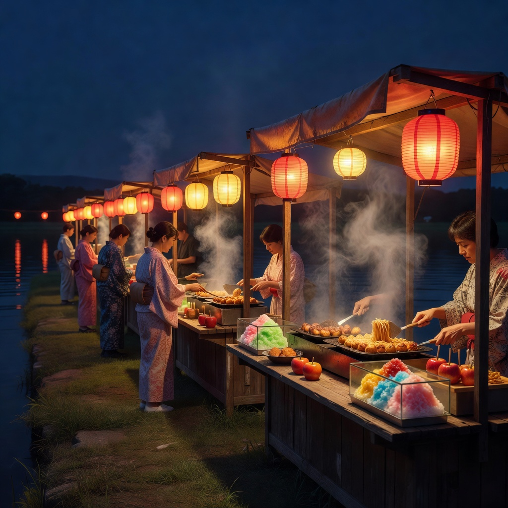 河川敷の屋台通り。たこ焼き、かき氷、りんご飴、焼きそば。40を超える露店とキッチンカーが、提灯の下にずらりと並びます。