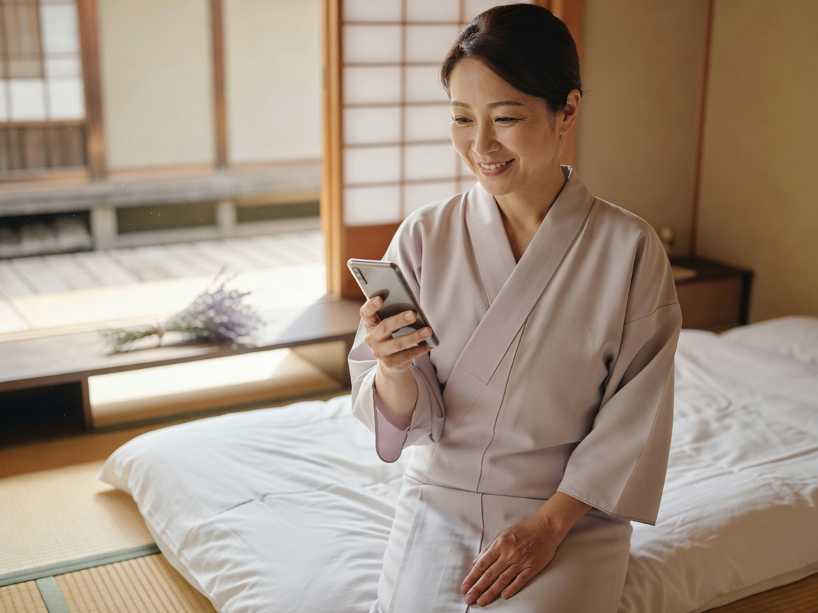 チェックインしたゲスト家族が縁側でくつろぐ笑顔