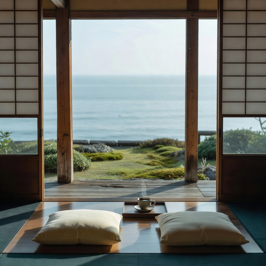 海の見える縁側 ー この家の主役。障子を開け放つと庭ごしに凪いだ海。朝はここでコーヒー、夕方は夕陽を眺める特等席です