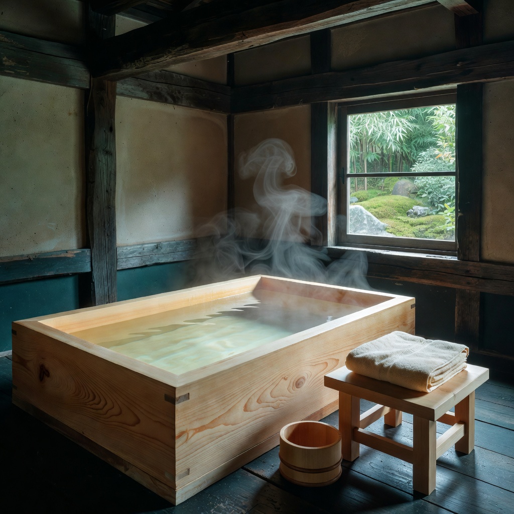 檜の貸切風呂 ー 窓の外は庭の緑。薪でじっくり沸かすお湯は、体の芯まで。順番も時間も気にせず、家族だけで湯を独り占め
