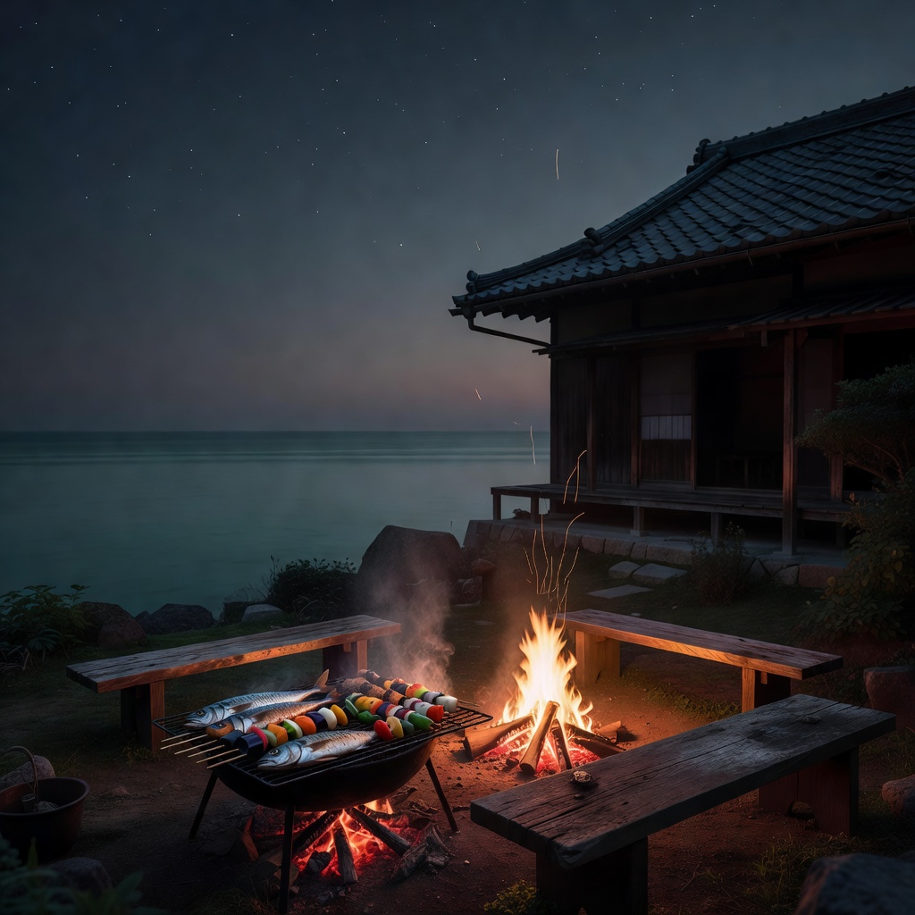 庭のBBQと焚き火 ー 夜は炭火で地魚と野菜を焼いて、そのまま焚き火へ。子どもが騒いでも、笑い声が響いても、まわりは海と畑だけ