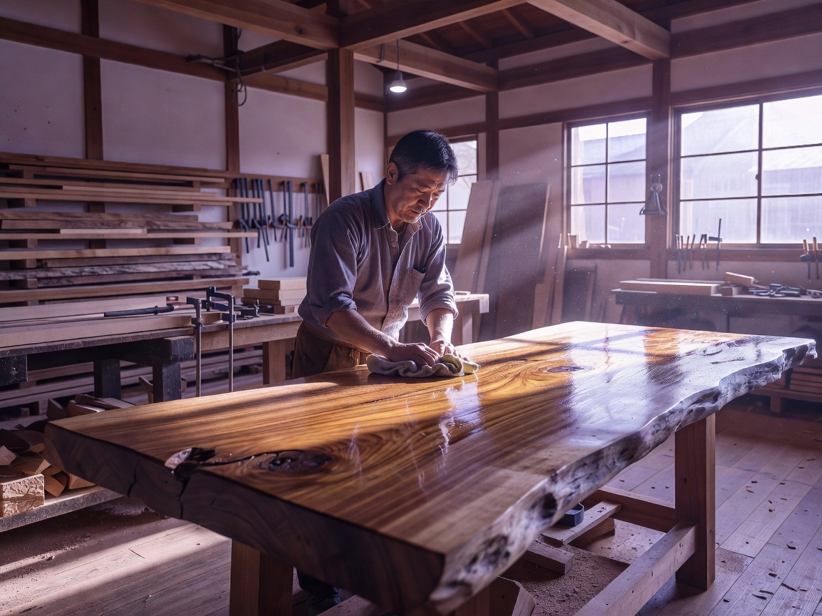 木くずと道具が並ぶ制作中の木工房のアトリエ