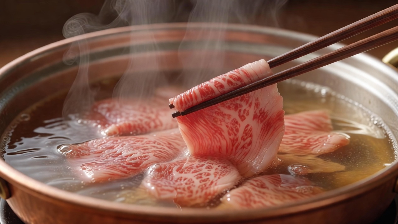 利尻昆布の一番出汁がはられた銅鍋に、箸で霜降り和牛の薄切りをくぐらせる手元と立ちのぼる湯気