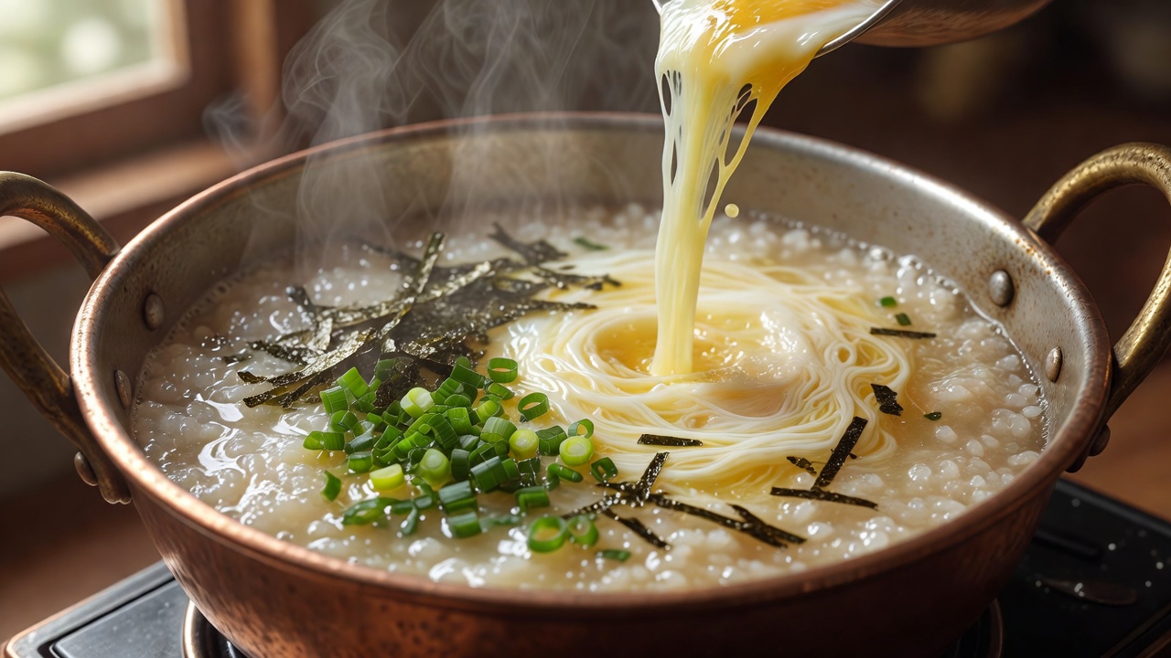 締めの卵雑炊 ー 肉と野菜の旨みが溶けた昆布出汁で炊く、コースの最後のお楽しみ