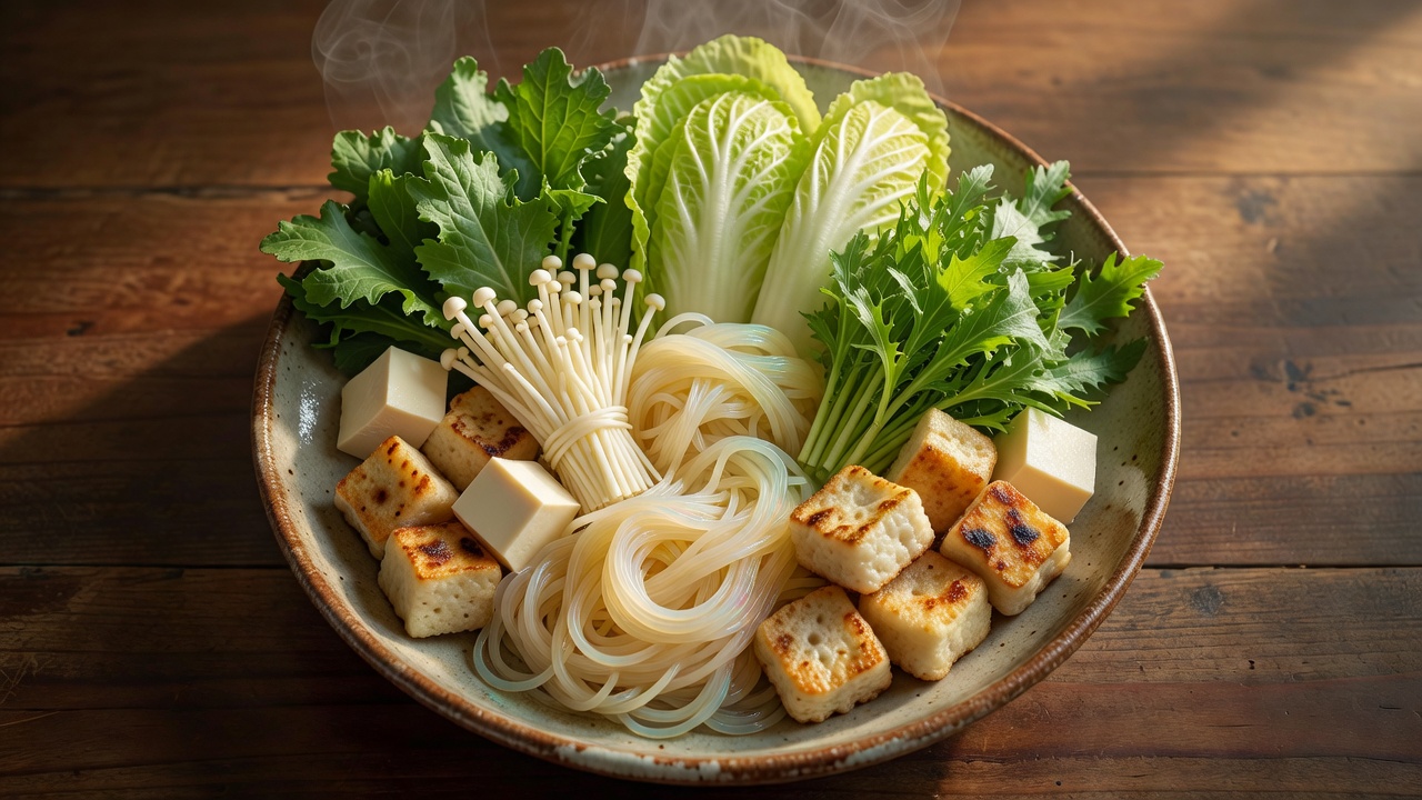 季節の野菜盛り ー 春菊・白菜・水菜・えのき・葛切り・焼き麩。しゃぶしゃぶ野菜の大皿