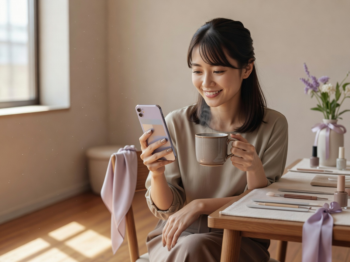 仕上がった手元を見て笑顔になるお客様