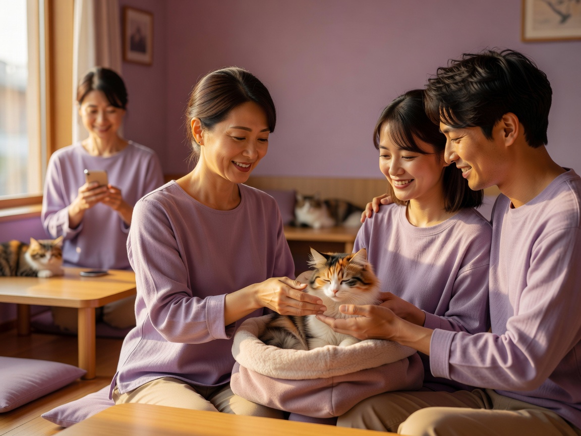 おやつタイムに猫を膝にのせて笑顔で触れ合う来店客