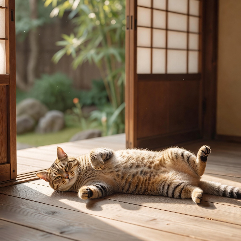 そら（キジトラ・2歳・里親募集中）ー 多頭飼育の現場から保護。最初は物陰から出られなかった子が、今は縁側の日なたで伸びるまでに。先住猫のいるお家を探しています