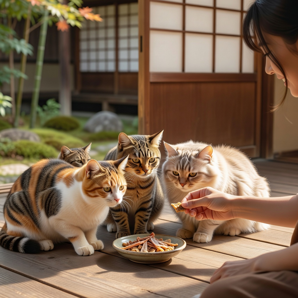 おやつタイムの縁側 ー ご購入いただいた猫用おやつを、日なたで一緒に。この時間だけは、いつも遠慮がちな子もそっと寄ってきてくれます