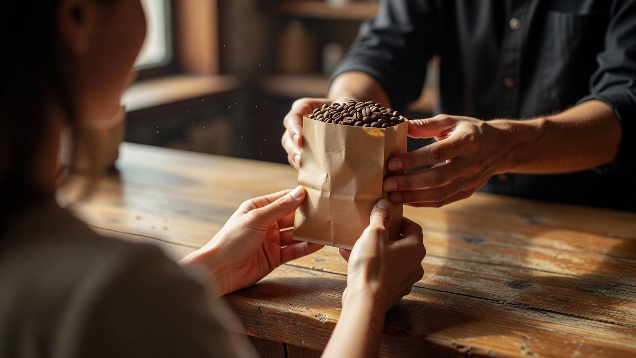 カウンターでハンドドリップされる一杯と湯気