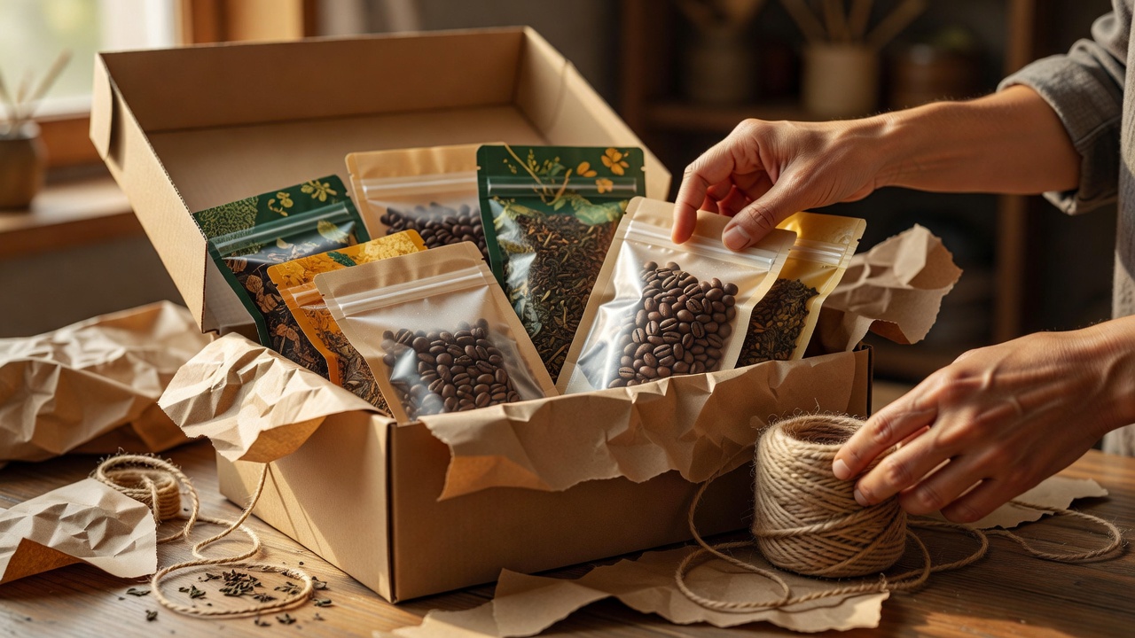 贈り物用の詰め合わせ。珈琲豆と茶葉を化粧箱に並べてお包みします