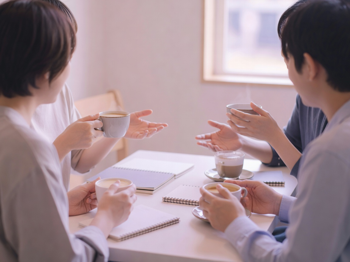 顔を伏せた後ろ姿で写した交流会の集合写真