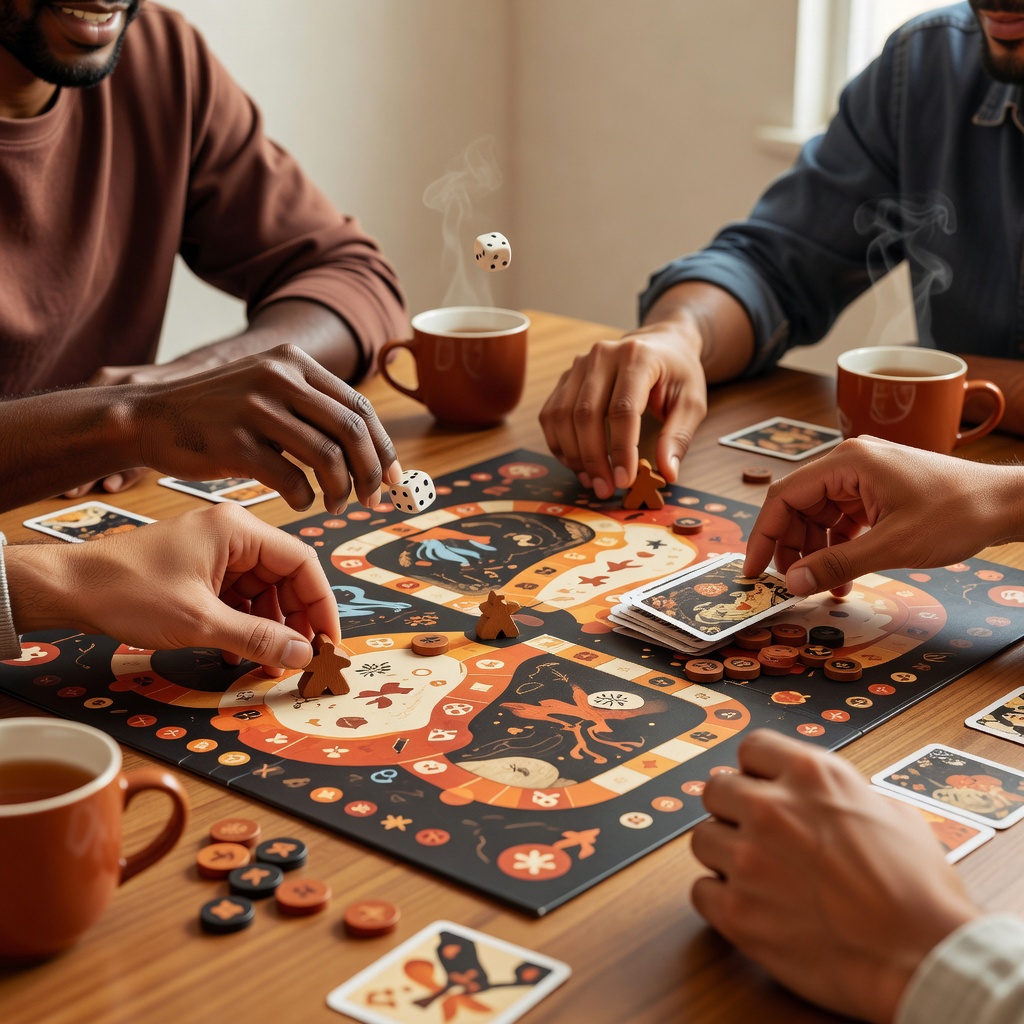 定番の交流卓。3〜5人でひとつのゲームを囲みます。名前を覚えなくても、手番が回れば自然に会話が生まれる——それがボードゲームのいいところ。初対面ばかりの卓ほど、いちばん笑い声が大きいんです。