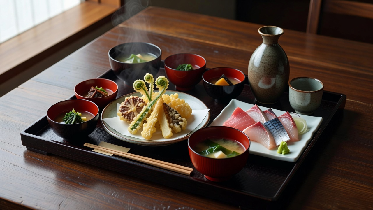 季節の山菜を盛り込んだ、夕の会席膳