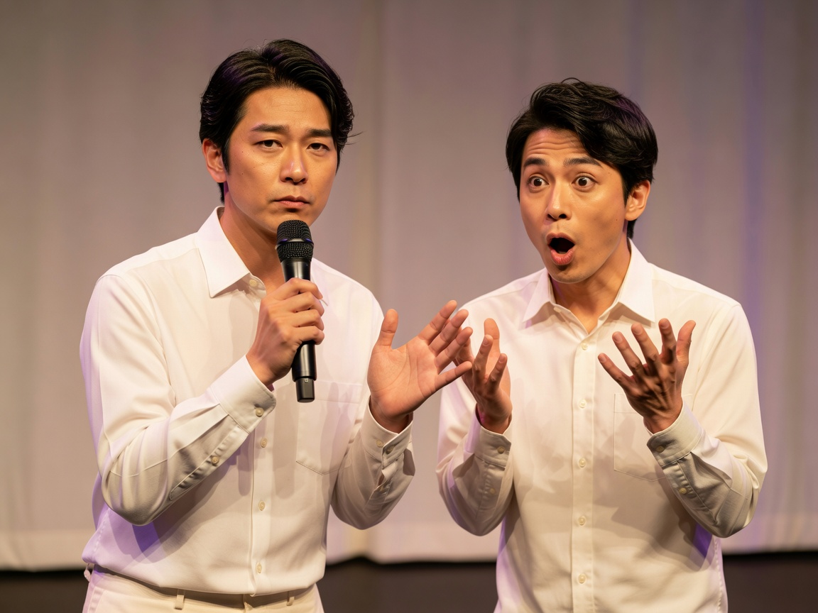 舞台のセンターマイク前で漫才をするコンビの熱演