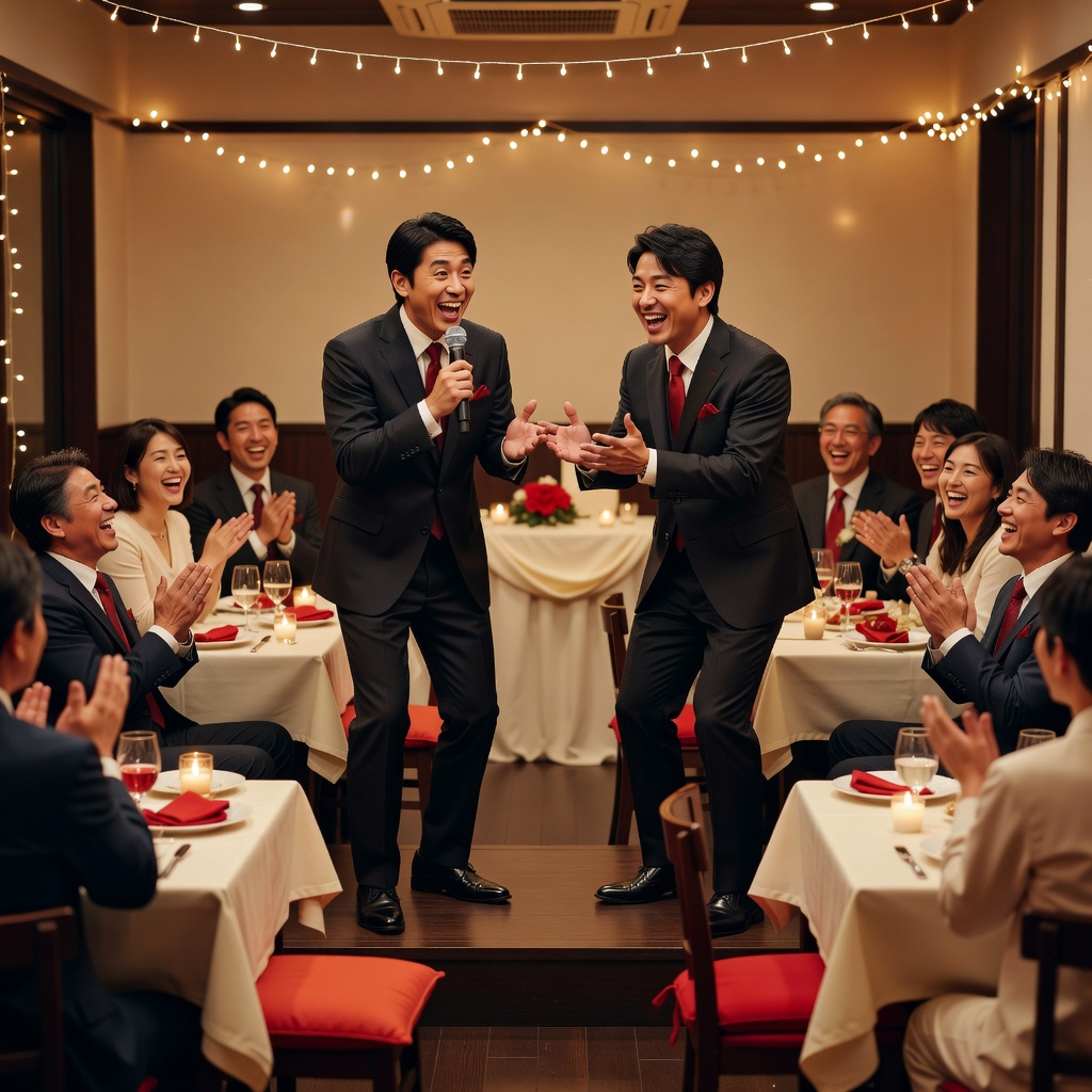 結婚式二次会 ー 新郎新婦をやさしくいじる祝いの漫才。会場がどっと沸いて、写真も動画もいちばん盛り上がる15分に