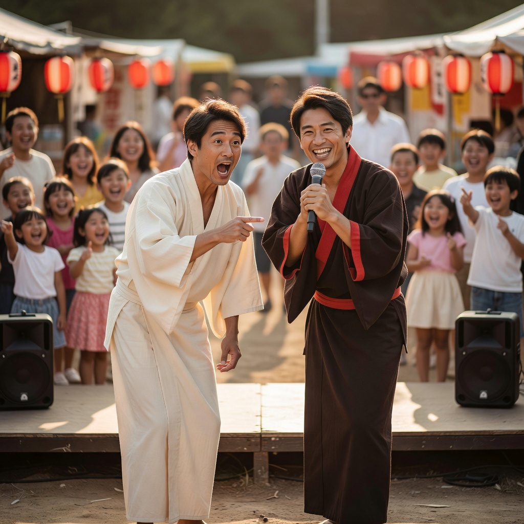 商店街・夏祭りのステージ ー 屋外の野外ステージも機材を積んで出張。子どもも足を止める全年齢のネタで人だかりを