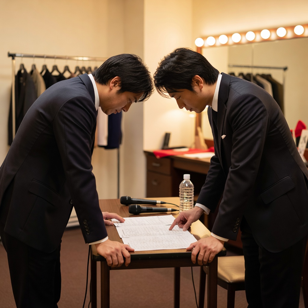 楽屋のネタ合わせ ー 本番前、会場の名簿と進行表を見ながら当日の流れを二人で確認。「その場を外さない」ための準備です