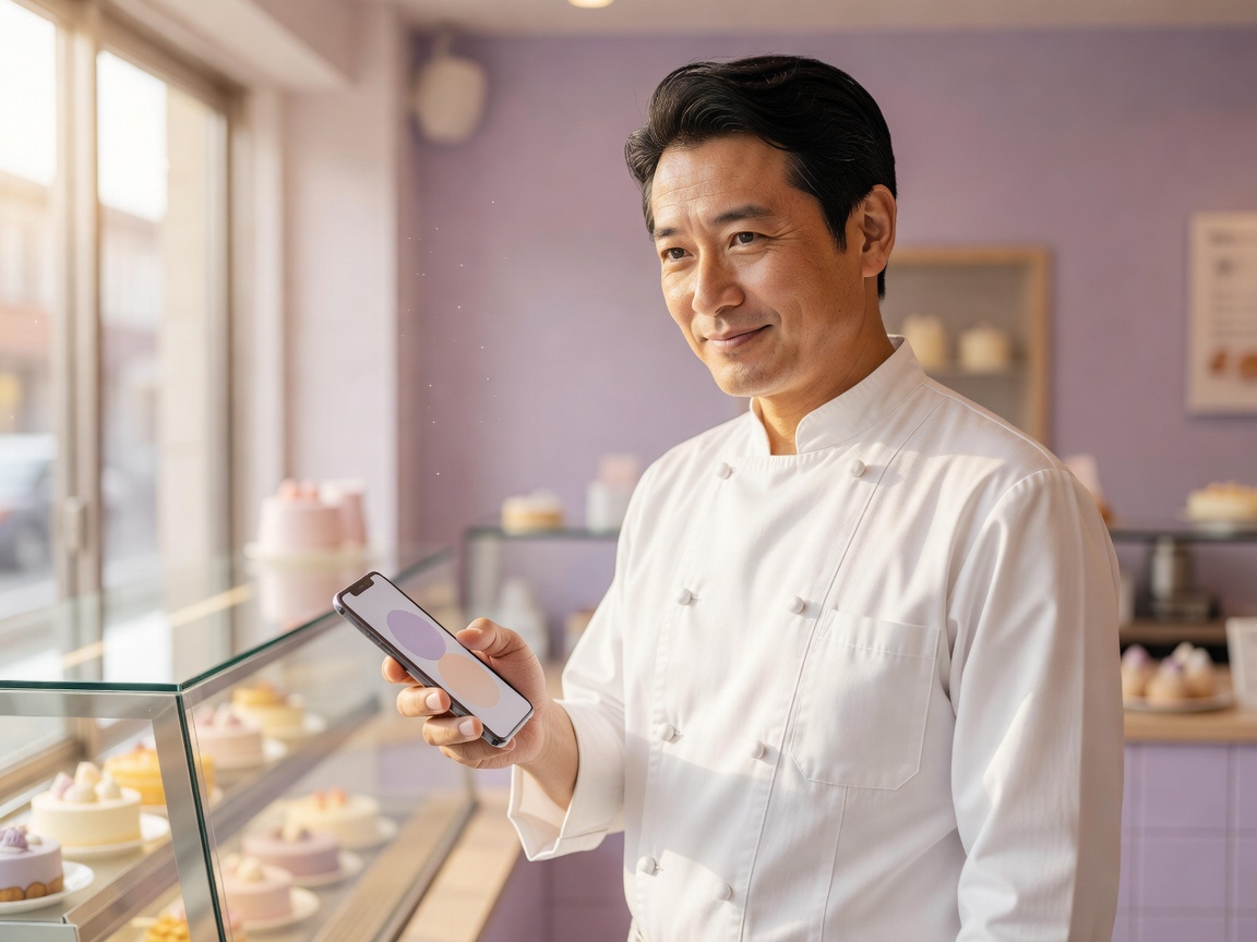 受け取ったバースデーケーキの箱を開けて笑顔になる家族