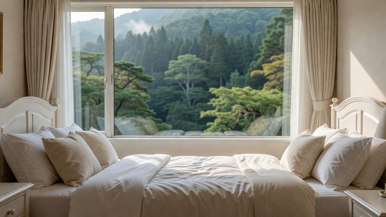 森を望む客室 ー 白木とやわらかなファブリックの洋室。窓いっぱいに八ヶ岳の森。夜は驚くほど静かで、朝は鳥の声で目が覚めます