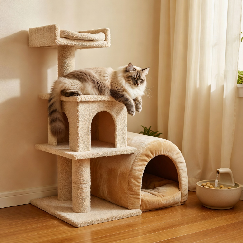 猫専用の静かな一室 ー 犬と生活音を分けた上階のお部屋。キャットタワーと隠れ家で、猫のペースを守ります