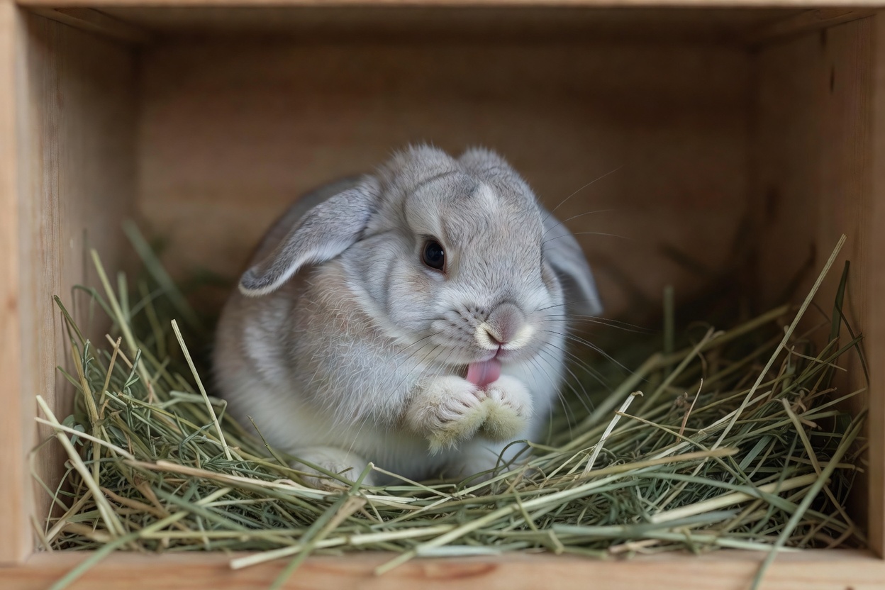 お迎え待ちのネザーランドドワーフ。生後8週、牧草の上で毛づくろい中