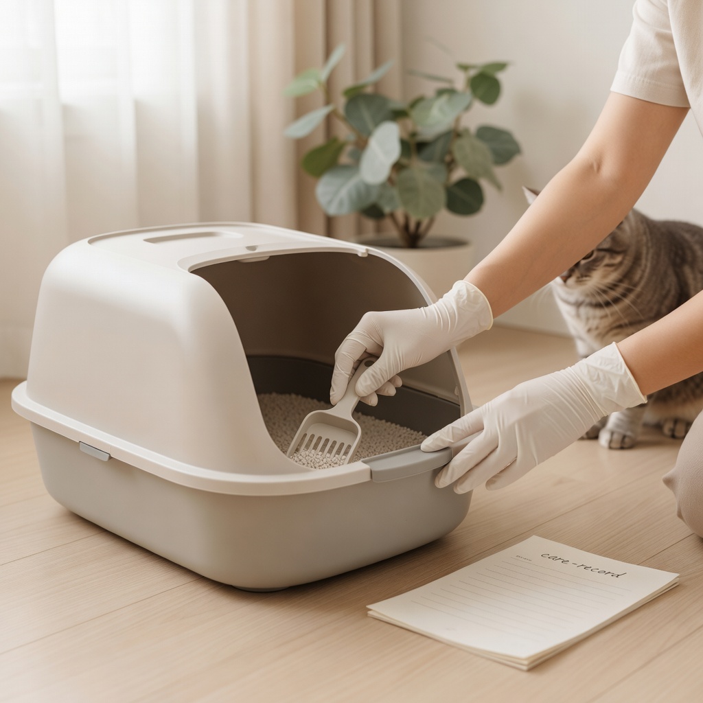 トイレのお掃除 ー 猫がいちばん気にする場所。毎回きれいに整え、量・回数・便の様子まで確認して記録に残します
