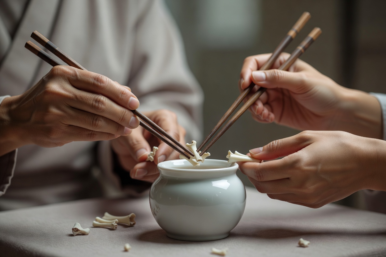 お骨上げ（収骨）— ご家族の手で、二人一組で
