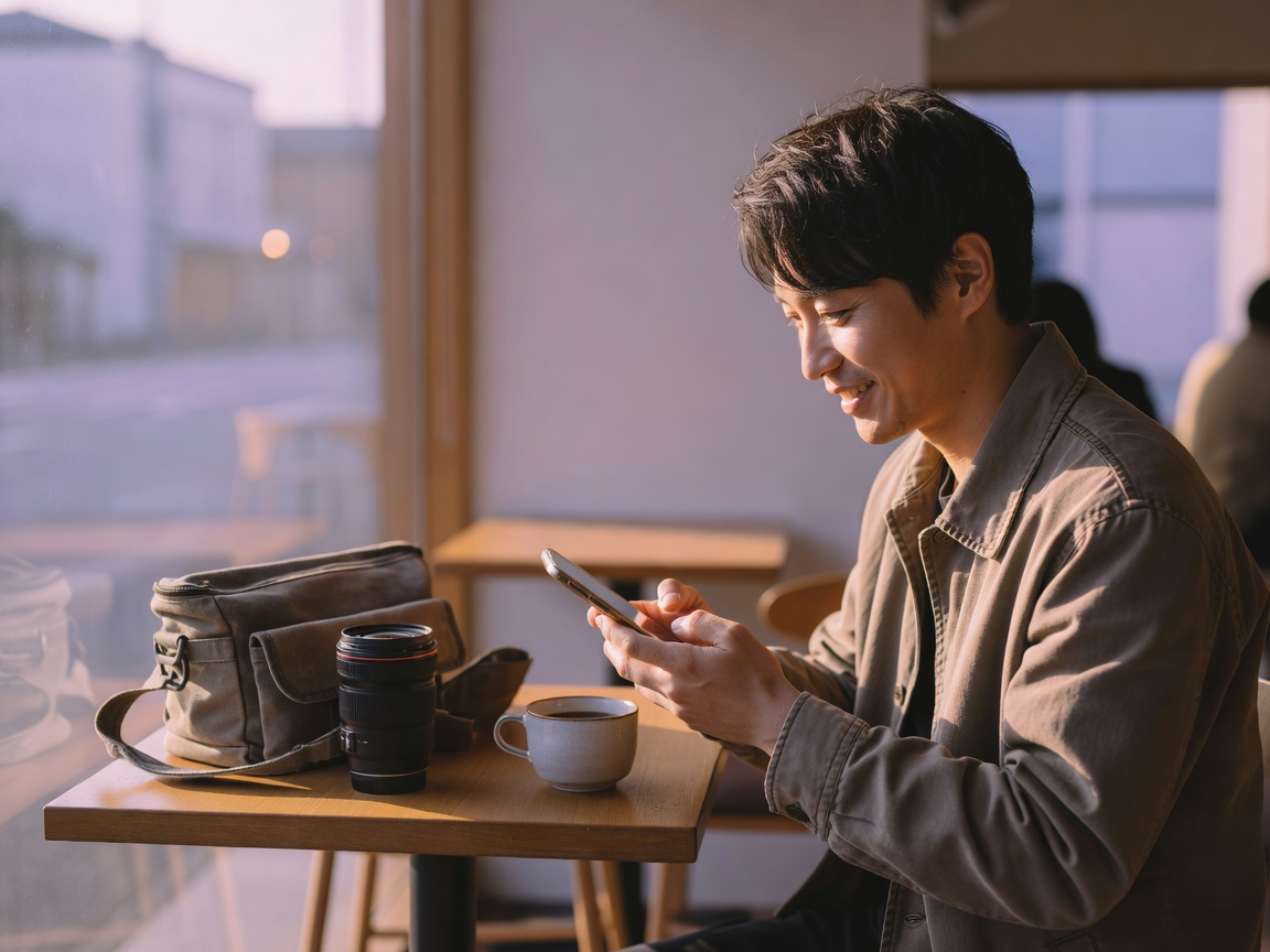撮影後、納品写真を見て笑顔になる家族の一枚