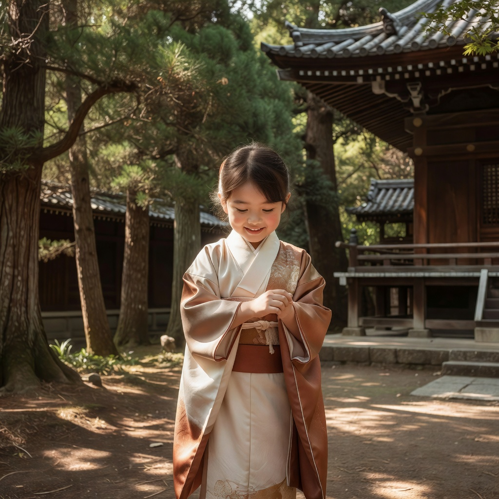 七五三 出張撮影 ー 神社の木漏れ日で。着物の袖を気にする仕草も、緊張してほどけた笑顔も一緒に残して