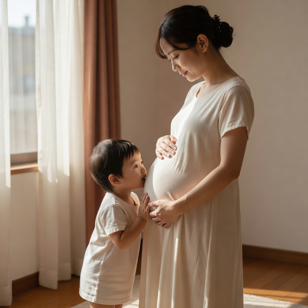 マタニティフォト ー 窓辺のやわらかい光で。上のお子さんがおなかに耳をあてる、その一瞬を待って