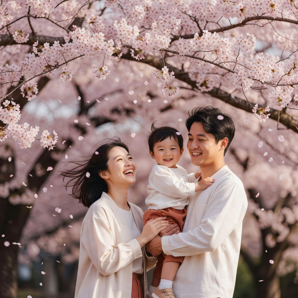 桜ロケーション ー 満開の3日間だけの家族写真。散り際の花びらも、風で乱れた髪もそのまま作品に