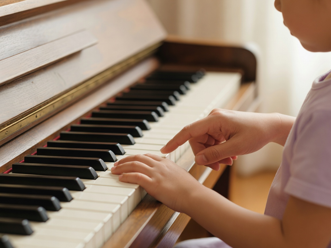 グランドピアノの前で講師が子どもの手を優しく導く導入レッスンの様子