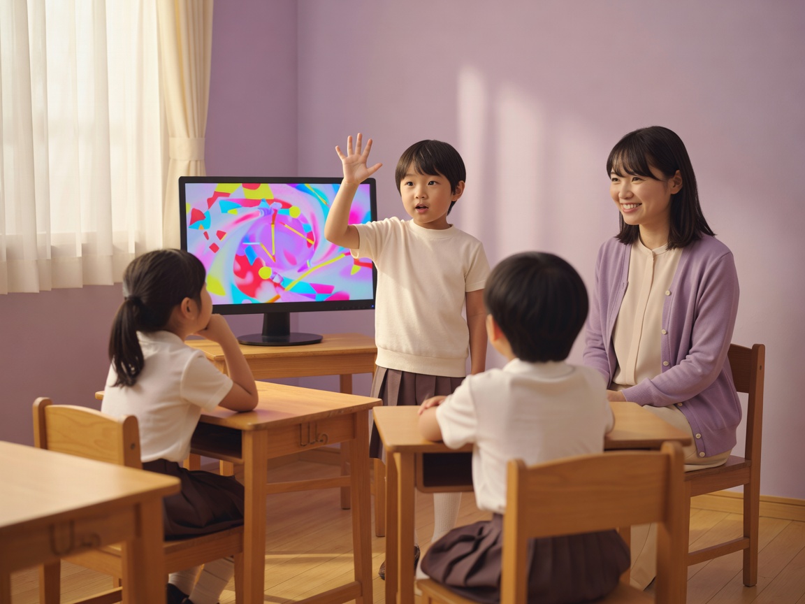 明るくクリーンな教室でノートパソコンに向かう小学生たちの空間