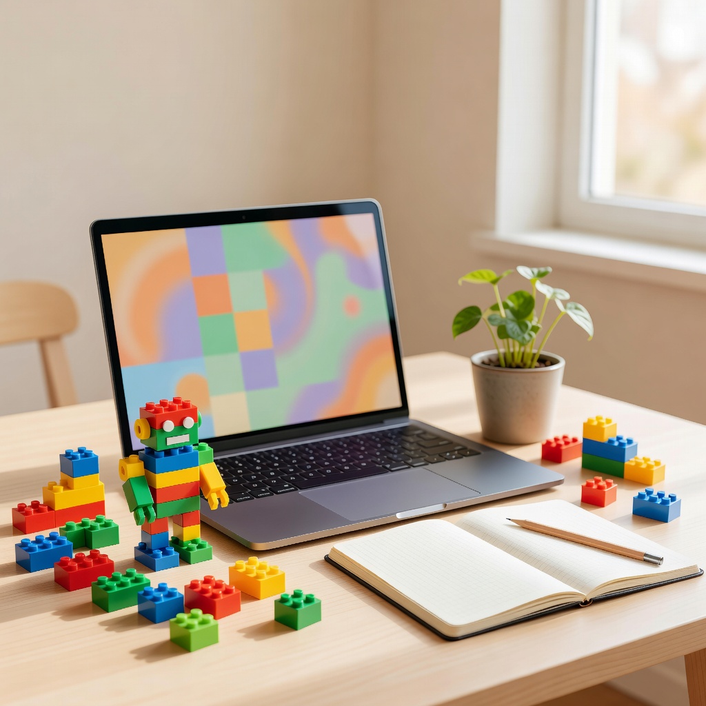 教室の道具たち ー ノートPCと色とりどりのブロック、方眼ノート。ここから、それぞれの作品がはじまります