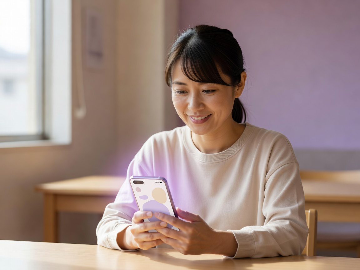 回覧を待たずスマホで会の最新情報を確認して笑顔になる住民