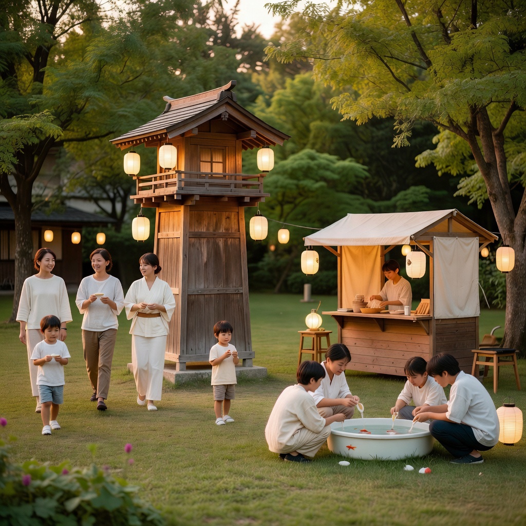 夏まつり・盆踊り（7月）ー こもれび台中央公園に小さな櫓を立てて。金魚すくいと焼きそばと、下手っぴな盆踊り。子ども会と合同で、町いちばんのにぎわいの夜です。