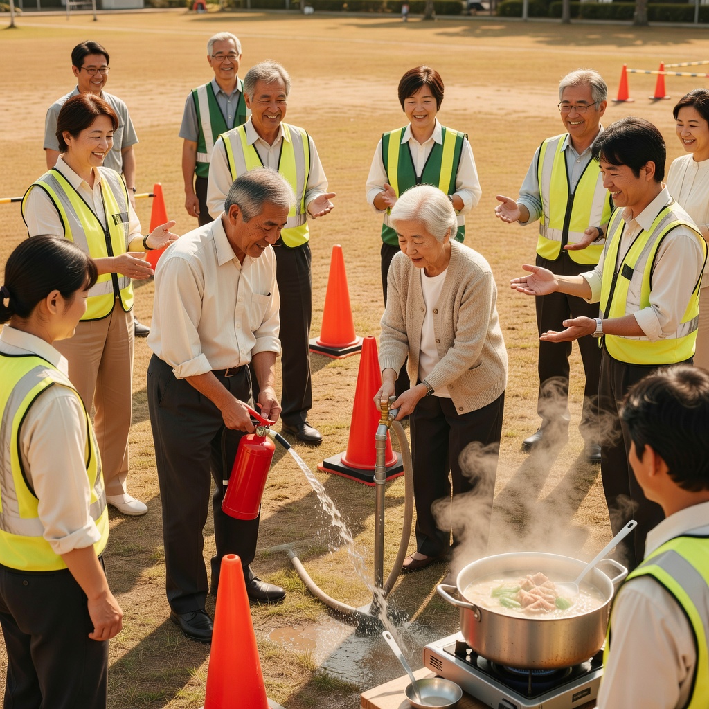 防災訓練・炊き出し（9月）ー 消火器とスタンドパイプの使い方、避難所の動線確認、そして豚汁の炊き出し。「いざ」の前に、顔見知りになっておくための一日です。