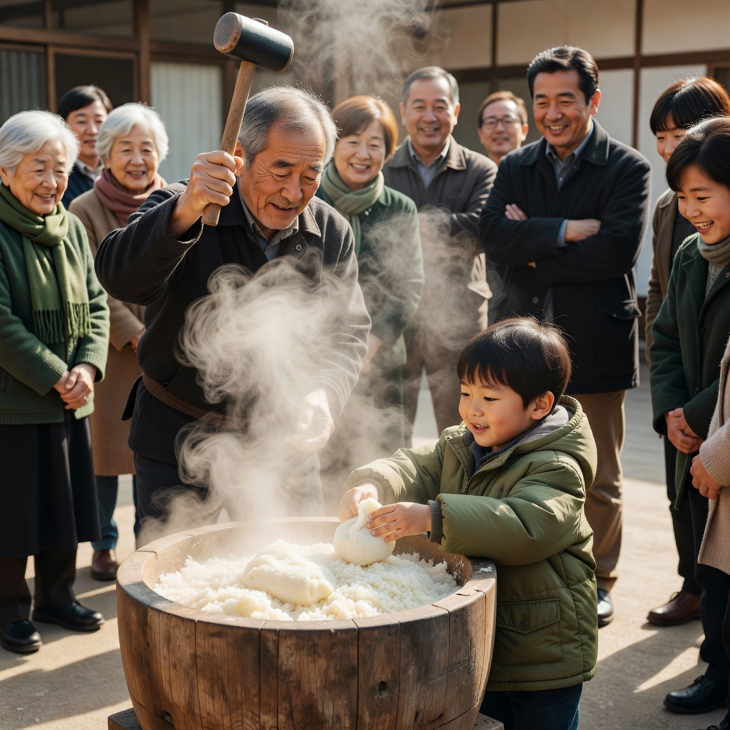 もちつき大会（12月）ー 臼と杵で、よいしょ、よいしょ。つきたてを、きなことあんこで。おじいちゃんが杵を握り、子どもがこねる——世代がまざる、冬のいちばんの行事です。