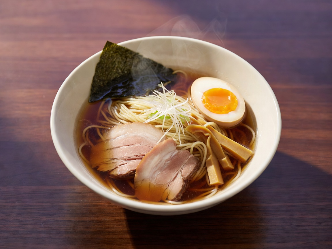 湯気の立つ看板ラーメンの丼を真上から捉えた一杯