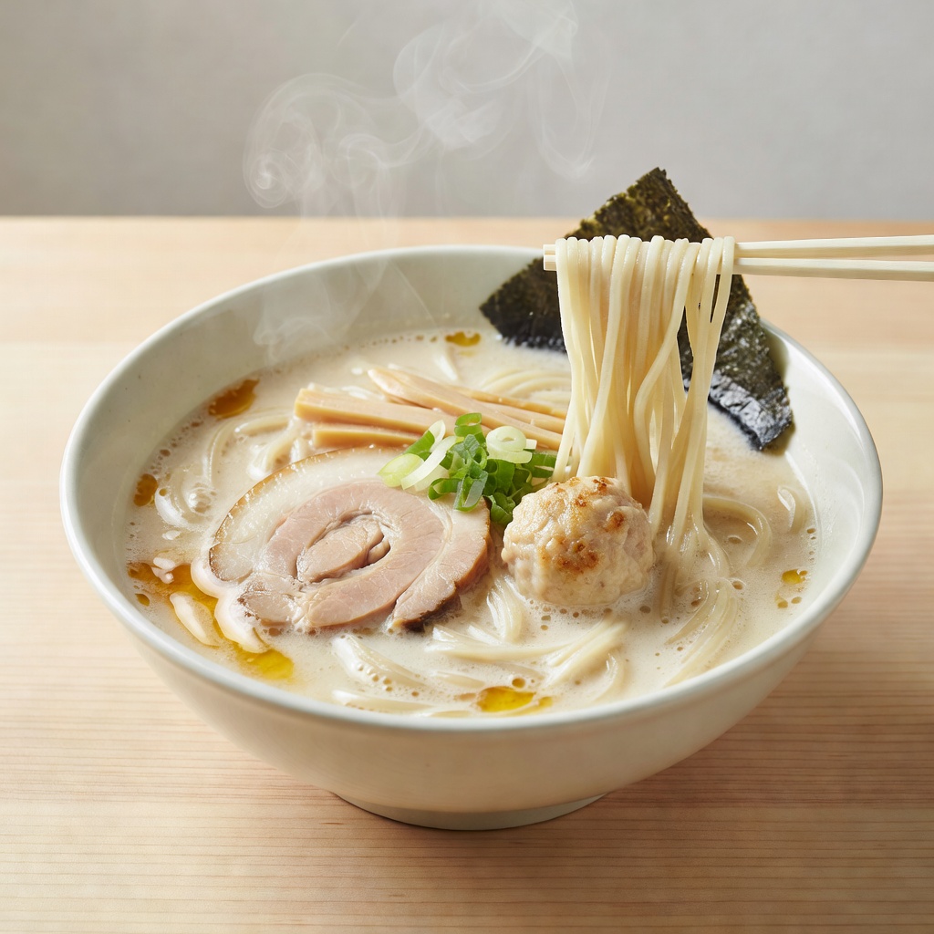 鶏白湯そば ー 看板の一杯。丸鶏と鶏ガラだけをとろとろに炊いた無化調の濃厚白湯に、金色の鶏油と自家製の中細麺。まずはこれを