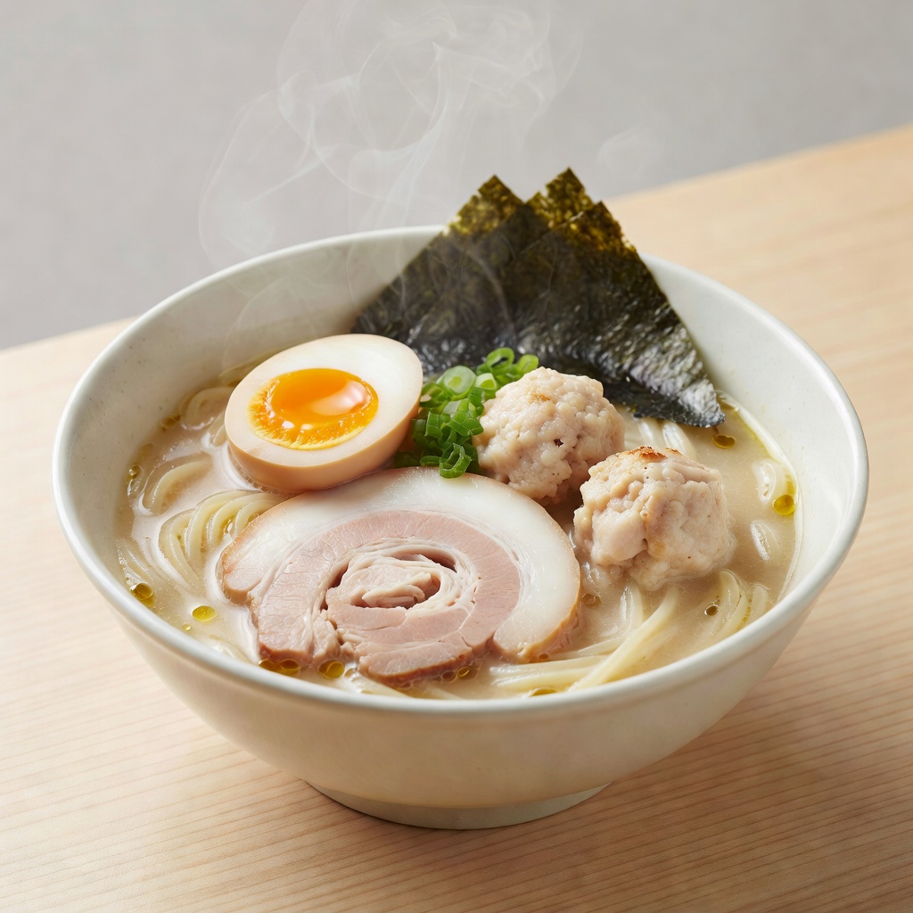 特製鶏白湯そば ー 味玉・鶏チャーシュー・鶏つくね・海苔まで全部のせ。迷ったら特製、と言い切れる一杯です